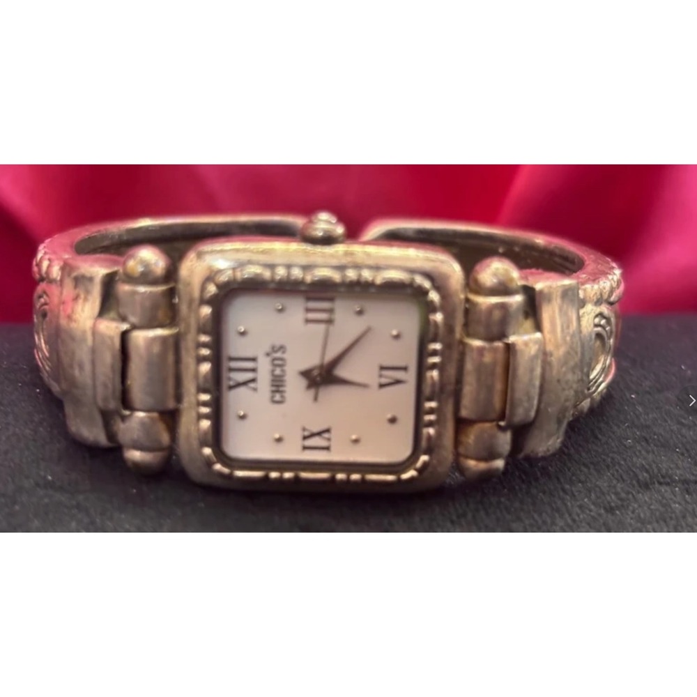 Chico's Silver Tone Cuff Bangle Watch Square Face Roman Numerals CH-310BG